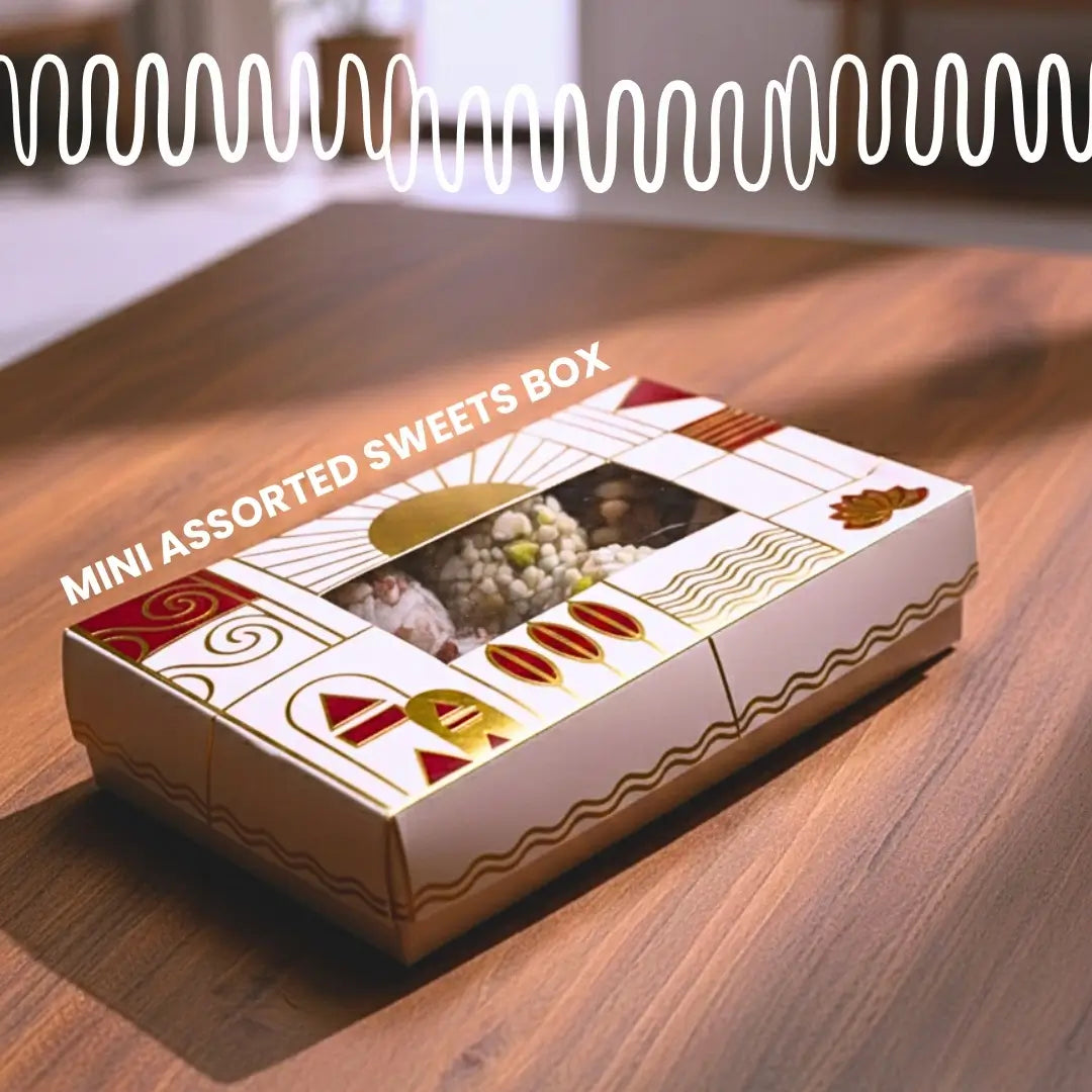 Elegant packaging of Mini Assorted Sweets Box by Mithdi, ideal for buy sweets gift online and diwali sweets online orders in India.