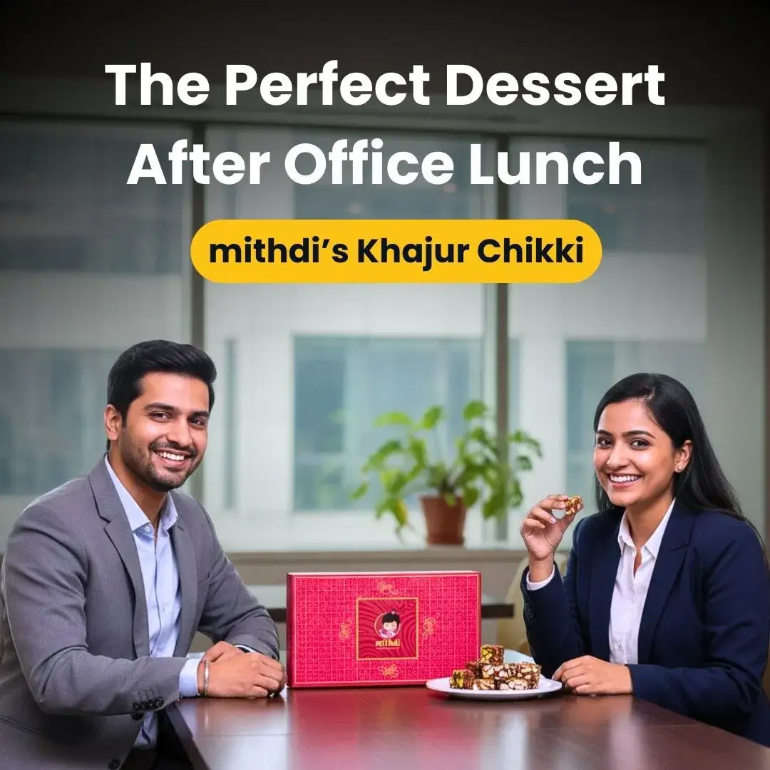 Corporate employees enjoying Khajur Chikki after lunch, the perfect healthy sugar free sweets and dessert after office lunch in Surat.